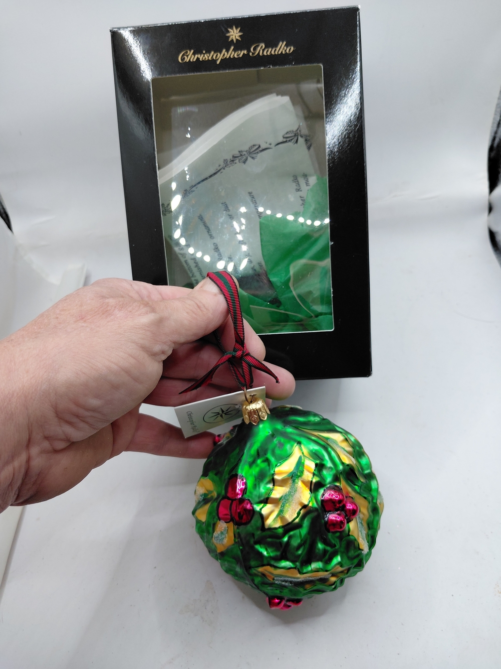 NIB Christopher Radko Green and Gold Holly Glass Ornament 97-135-0